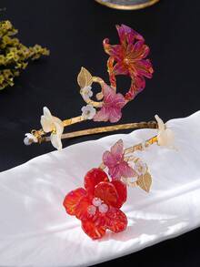 1件小眾設計花卉手臂飾品 粉色漸層樹脂花朵開口手鐲 度假配件 - 紅色 - 查看 4