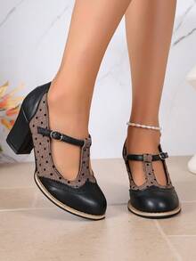 Punk Buckle Vacation Retro Polka Dot T-Strap Chunky Heel Mary Jane Shoes Women British Color Block Round Toe High Heel Pumps Daily Commute Shoes - Black - View 2