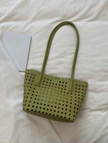 Retro Versatile Simple Solid Color Tote Bag, Niche Design Personalized Hollow Shoulder Bag, Equipped With Small Bags In The Same Color Series, - Green - View 10