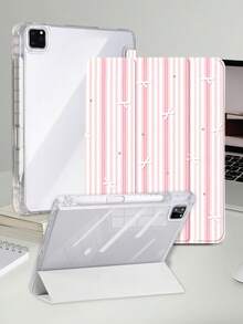 粉色與白色條紋蝴蝶結平板保護殼，適用於 iPad Mini6/Mini7/Air/Air2/9.7/10.2/10.5/10.9 (Air4-Air8)/Pro 11/10th Gen/A16/Pro 11 2024，彩繪圖案平板保護殼配透明壓克力背殼，三折支架，睡眠/喚醒功能，內建筆槽，不含筆，部分機型附相機框 - 彩色 - 查看 2