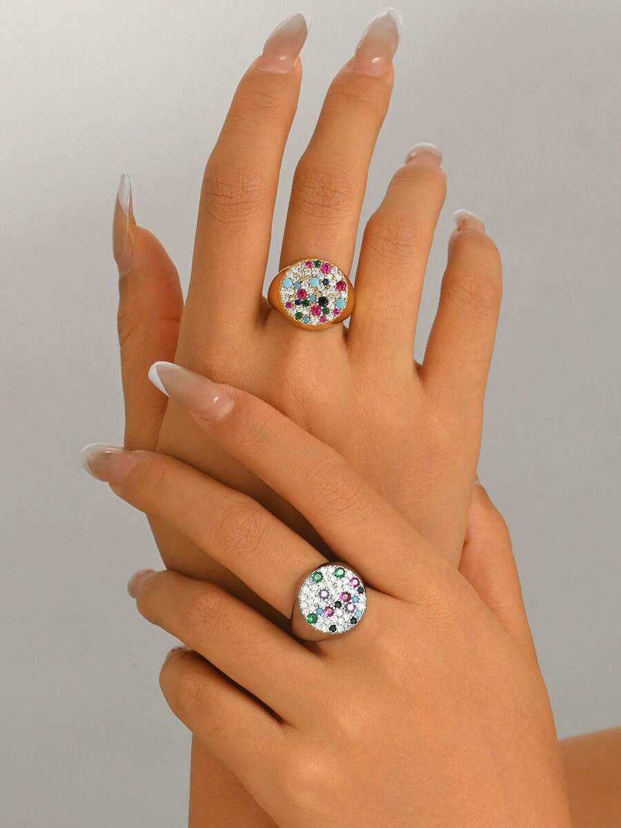 1pc European & American Dopamine Vintage Dual-Tone Solid Round Plate Mixed Color Zirconia Wide Band Ring, Women's Party Gift Daily Commute Accessory - Multicolor - View 1