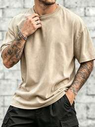 Camiseta básica unisex de algodón lavado de color sólido, 230 GSM, cuello redondo, manga corta, corte oversize para uso diario