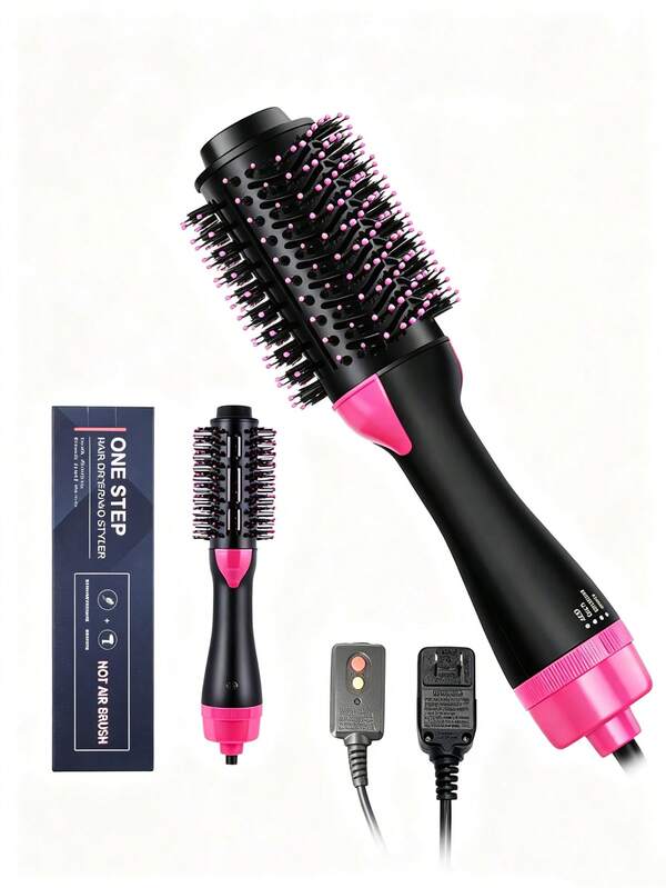 1 Pieza Peine de Aire Caliente Multifuncional, Secador de Aire Caliente 4 en 1, Para Rizar y Alisar el Cabello, Peinado Esponjoso, Secador y Estilizador de Volumen en un Solo Paso, Menos Frizz, talla grande Brillo y Menos Daño por Calor para Secados de Estilo de Salón Negro/Rosa
