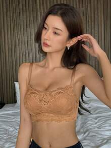 DAZY 無線黑色蕾絲胸罩，支撐舒適，薄透網紗，性感誘人，適合女性 - 杏色 - 查看 1