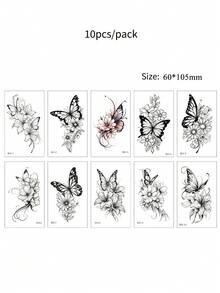 10pcs Flower Tattoo Stickers, Waterproof Women's Temporary Tattoos For Hand And Body Decoration, Butterfly, Floral Fake Tattoo For Women And Men, Small Hand Tattoo - Black - View 6