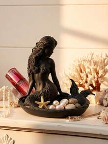 1pc Mermaid Jewelry Tray, Decorative Storage, Desktop Organizer, Mermaid Sculpture, Shell-Shaped Dish, Suitable For Rings, Necklaces, Jewelry Storage, Holiday Decoration, Decorative Ornament, Home Decor, Dorm Storage, Back To School, Halloween, Christmas - Multicolor - View 4
