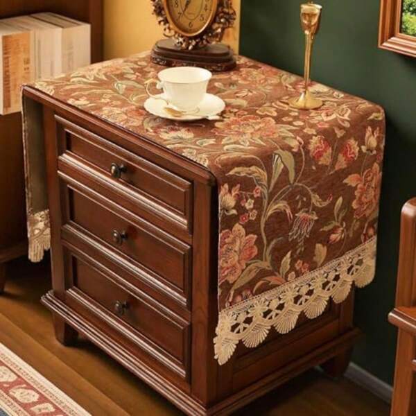 Nightstand Cover With Lace Trim Floral Pattern :Slip-Resistant Dustproof Table Cover For Bedroom Living Room Furniture, Coffee Table, Side Table Mgltz Brown Floral, 43.3 L X 15.7 W