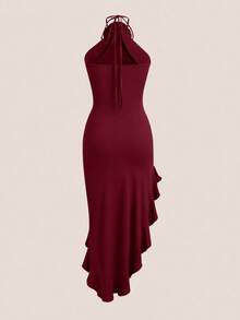 Women's Sexy Halter Backless Split Ruffle Hem Bodycon Dress Elegant Summer - Burgundy - View 3