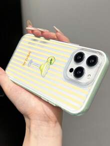 1pc Fresh Striped Orange Slice Wine Glass Slogan Pattern Colorblock 3-In-1 Green Soft Phone Case Compatible With IPhone 11/12/13/14/15/16 Pro Max - Multicolor - View 5