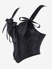 Black Jacquard Strap Corset Bustier Top Ribbon Bow Decor Lace-Up Front Boned Waist Trainer, Side Zipper Slim Versatile Shapewear Halloween - Black - View 2