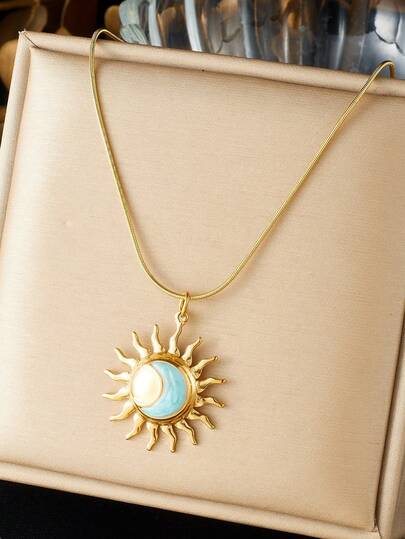 1pc Fashion Retro Gold Plated Drip Oil Moon Sun Pattern Pendant Stainless Steel Jewelry Necklace