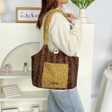 Women Shoulder Bags - Plush Patchwork Vest Bag: Brown and Green Stripes - View 6