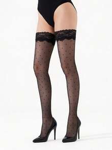 20D/70D 1 Paar Damen Spitzen rutschfeste Silikon elastische atmungsaktive transparente Valentinstag limitierte sexy elegante Spitzen Mode Overknee Socken (Polka Dot/Rücknaht Jacquard), mit rutschfestem Silikon, sexy rutschfeste enge Socken, schlankmachende vielseitige Socken, geeignet für Party, Urlaub, Alltag - Schwarz - Übersicht 3