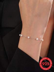 1 Stück S925 Sterling Silber französischer Stil Perlenarmband, elegantes Design mit ästhetischem Flair, vielseitiges Handgelenkaccessoire für Lässig, Einkaufen, Party, Reisen, geeignet als Geschenk für beste Freunde, exquisites zeitloses Nischenprodukt für den täglichen Gebrauch, Urlaubsgeschenk - Perle - Übersicht 11