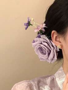 女款紫色玫瑰人造花髮夾，優雅髮飾，適合日常配戴、居家、學校、海灘、度假、工作、通勤、派對、節日、生日禮物、返校季、大學風、新年、情人節、母親節、婚禮季、新娘、音樂節，適用春夏秋冬 - 紫色 - 查看 6