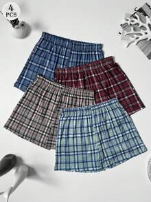 4pcs Men's Thin Plaid Print Elastic Comfortable Plus Size Boxer Briefs Long Underwear Breathable Sports Pants Elastic Waistband Multi-Color Set - Multicolor - View 2