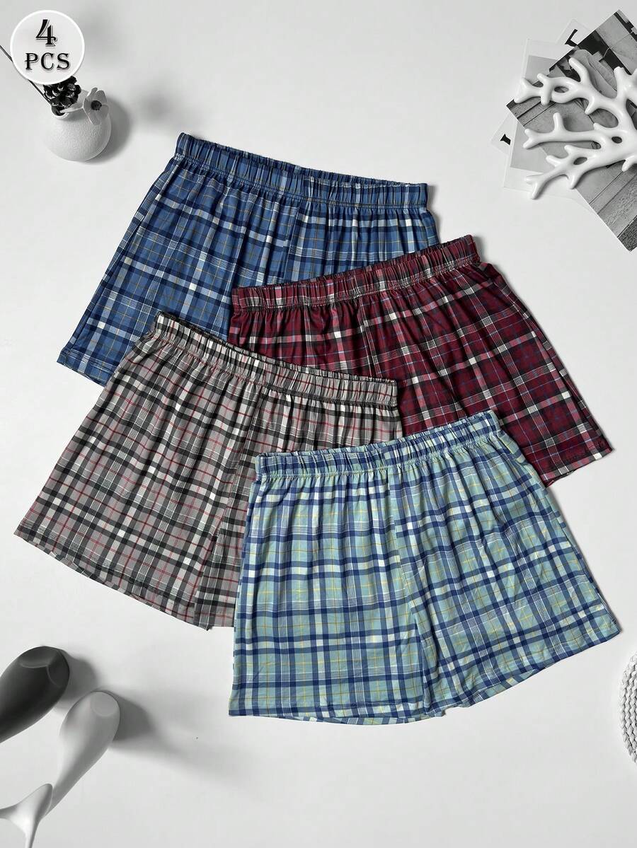 4pcs Men's Thin Plaid Print Elastic Comfortable Plus Size Boxer Briefs Long Underwear Breathable Sports Pants Elastic Waistband Multi-Color Set