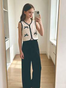 Set de 2 piezas: Blusa sin mangas de unicolor con cuello en V y decoración de lazo 3D y botones, pantalones rectos, para primavera/verano para niñas - Albaricoque - Ver 1