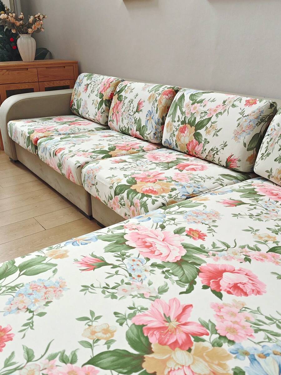 1件四季通用花卉印花半覆式沙發座墊套，可拆卸彈性沙發套，適用於客廳、臥室、辦公室沙發保護套，居家裝飾