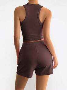 Unadoll Women Fall Brown Casual Sporty Two‑Piece Set, Ribbed Racerback Crop Tank & Drawstring Shorts For Back To School, Sports & Daily Wear - Brown - View 2