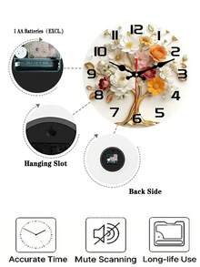2D Flat. 1pc. Golden Floral Tree Themed Wooden Wall Clock, Silent Decorative Clock, Creative Wall Clock, Suitable For Decorating Bedrooms, Living Rooms, And Offices, Available In 10/12 Inches (Batteries Not Included) - Multicolor - View 6