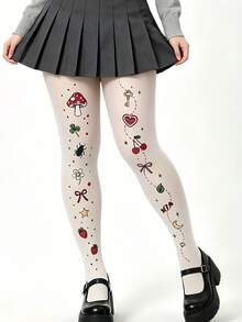 1 Pair Of Women's Gothic-Style Printed Tights, And Fashionable Y2K Style, Are The Top Choice For Fashion Enthusiasts, Suitable For Daily Wear - White - View 3