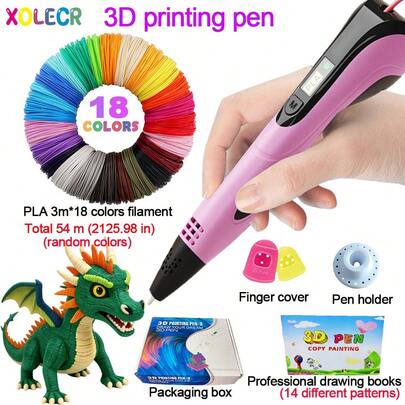 Set de bolígrafo de impresión 3D, incluye filamento de impresión PLA de 3m*18 colores (longitud total 54m/2125.98in) y libro de dibujo profesional con 14 patrones, para creación de garabatos de adultos y reparación y asistencia de trabajos de impresión 3D