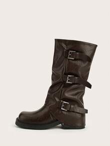 Women's Square Toe Coffee Brown Slip-On Western Style Buckle Mid-Calf Work Boots - Coffee Brown - View 5