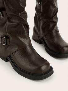 Women's Square Toe Coffee Brown Slip-On Western Style Buckle Mid-Calf Work Boots - Coffee Brown - View 3