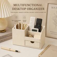 1pc Italian Luxury Vertical Striped PU Leather Drawer Organizer Box, Multi-Compartment Desktop Storage Holder, Suitable For Pens, Stationery, Remote Controls, Cosmetics, Keys, For Office And Bedroom Desktop Storage - View 4