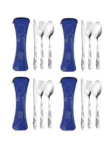 1 Set/4 Sets Portable Stainless Steel Cutlery Set With Knife, Fork, Spoon, Chopsticks, Patterned Handle Design, 1 Zipper Storage Bag, Suitable For Picnic, Camping, Student Cafeteria Dining - Multicolor - View 15
