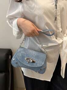 Fashion Solid Color Baguette Shoulder Bag, Metal Hardware Decoration, Metal Chain Strap, Suitable For Women Shopping, Dating, Gift And Daily Use - Blue - View 5
