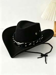 1. A Retro Western Cowboy Hat, Suitable For Both Men And Women. Decorated With Star-Shaped Rivets On The Cow's Head. A Suede Wide-Brimmed Women's Ride - Black Leather Star Foldable Cowboy Hat - View 6