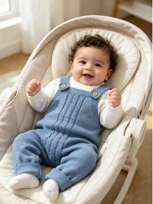 Baby Sweater Romper, Foggy Blue Cable Knit Suspender Crawler, Single Piece Solid Color Cable Knit Suspender Jumpsuit, Infant Vintage Romper - Blue - View 2