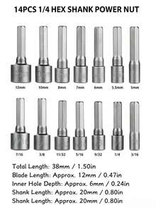 Set Adaptor Soket Heksagonal 1/4" 14 buah, Kit Mata Bor Kunci Mur Elektrik Metrik 5-12mm & Imperial 3/16"-7/16", Kompatibel dengan Mata Bor Soket Heksagonal Bor Listrik dan Obeng Impak, Set Alat Manual untuk Perbaikan Rumah, Otomotif, dan Pelepasan Pengencang Mekanik - set 14 buah - View 6