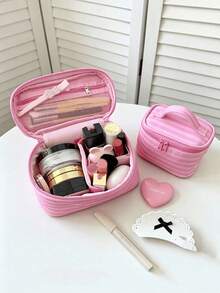 1pc Cute Pink Striped Large Capacity Makeup Bag, Multi-Functional Storage Bag With Built-In Mirror, Portable Toiletry Bag With Handle, Includes Brush Holder, Coin Purse, Pencil Case And Skincare Storage, Suitable For Travel And Back To School Season - Hot Pink - View 2
