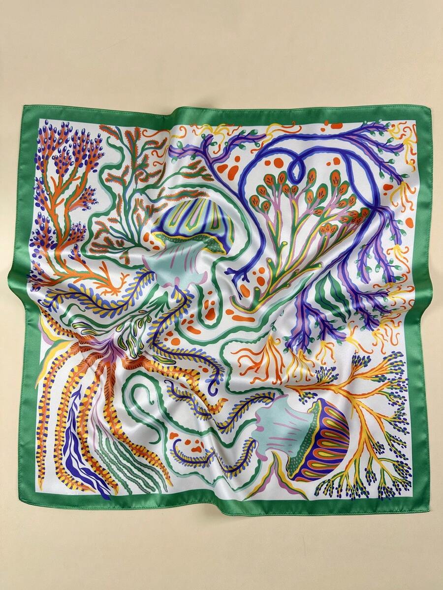 1件女款珊瑚水母印花正方形絲綢圍巾 優雅頸巾 頭巾 緞面頭飾髮飾 - 綠色 - 查看 1