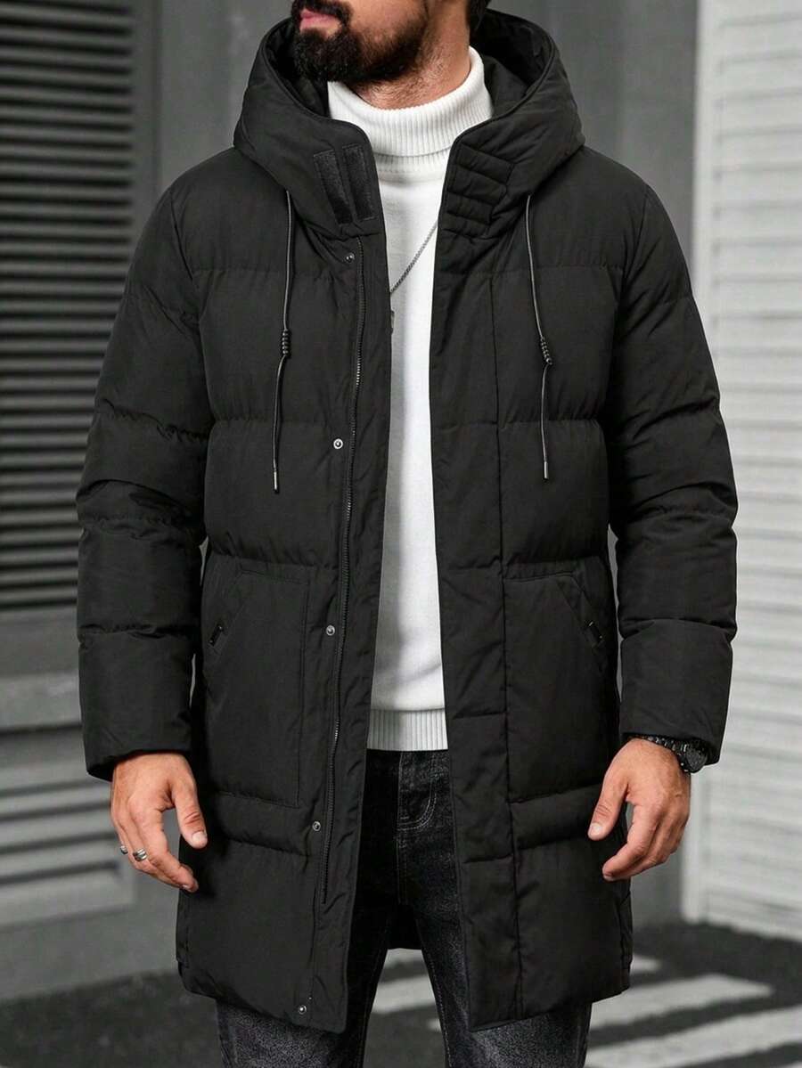 Men's Winter Solid Color Minimalist Hooded Mid-Length Padded Coat - Black - View 1