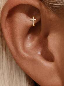 1Pc 925 Sterling Silver Cross CZ Belly Button Ring Hypoallergenic Hoop Earring Body Jewelry For Wedding, Party, Gift, Travel And Other Occasions - Gold - View 5