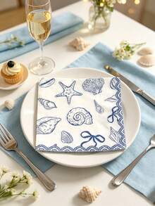 20/40pcs Blue Bow Beach Theme Disposable Napkins, Seashell Birthday Napkins Party Decor, Suitable For Summer Engagement, Bridal Wedding, Bachelorette Party And Mermaid Theme Party Decor Supplies - Multicolor - View 4