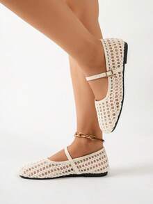 Summer New Ballet Style Flat Shoes For Women, Mesh Buckle Design, Suitable For Daily Wear And Commuting - White - View 5