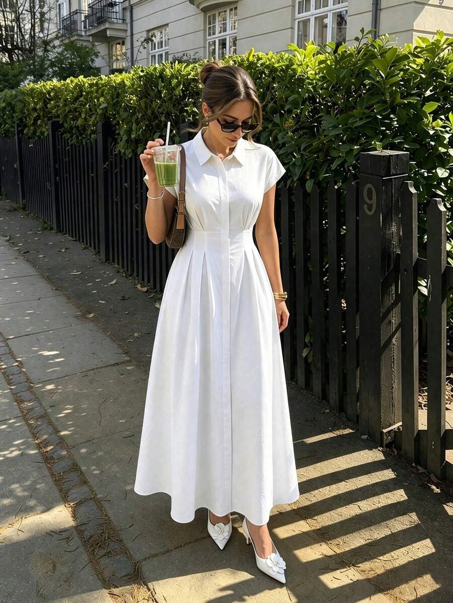 SUNSTORY 女款夏季優雅休閒波希米亞復古商務休閒度假極簡純色襯衫洋裝，前扣設計，口袋，開衩，高腰，修身，短袖長洋裝，適合日常、工作、度假、海灘、婚禮、派對、旅行、茶會、音樂節、返校季及其他場合
