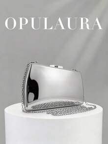OpulAura 1件裝金色歐美風女款壓克力晚宴手拿包，不對稱方盒設計搭配撞色扣環，適合派對、宴會/婚禮、情人節場合 - 銀色 - 查看 2