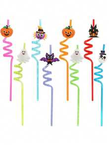 2pcs/Set Shiny Halloween Theme Straws, Made Of Durable And Reusable PET Material, Designed With Bat, Skull, Pumpkin And Witch Spider Patterns. Perfect For Birthday Parties And Spooky Halloween Party Gifts. - Multicolor - View 1