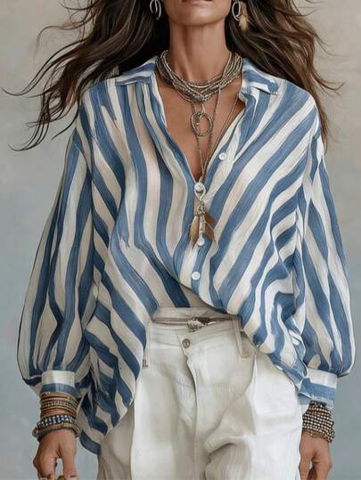 Solstice Apparel Blue & White Wide Vertical Striped Collared Long Sleeve Shirt, Oversized Lantern Sleeve Vintage Loose Fit Women's Blouse