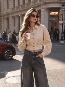 PEONY Damen Herbst elegantes lässiges minimalistisches Pendler einfarbiges Khaki Hemd mit Knopfleiste, geeignet für tägliches Tragen, Büro, Arbeitsweg, Outdoor, Straße, lässiger Urlaub, Schulanfang, Party, Feiertag, Geburtstagsparty - Aprikosenfarben - Übersicht 9