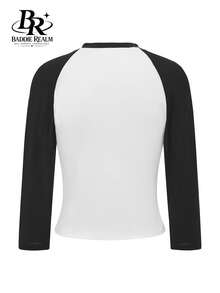 BADDIE REALM Women's Knitted Raglan Sleeve Crew Neck T-Shirt, Regular Length, Medium Stretch Fabric, 3/4 Sleeve Top - Black and White - View 10