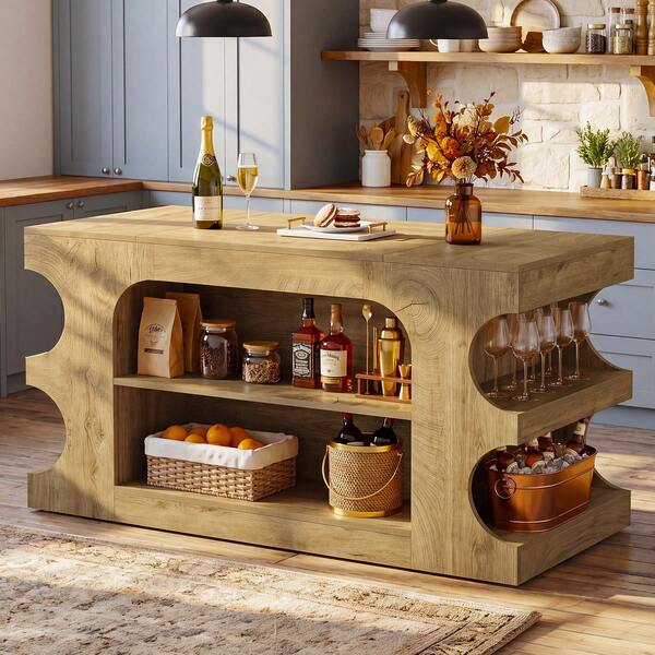 LITTLE TREE 63'' Farmhouse Wood Kitchen Island With Storage And Seating Area, Large Counter Top & Leg Room, 6 Open Storage Shelves, Heavy Duty Contruction, Brown