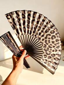 Foldable Bamboo Handle Hand Fan, Fabric Fan Surface, Leopard Print Pattern, Suitable For Party, Wedding, Wall Decor, Gift - Folding Fan - View 2
