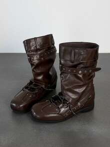 Rivet Buckle Lace-Up Ruched Split Toe Mid-Calf Boots Plus Size Women Street Vintage Hot Girl Slouch Boots - Brown - View 1